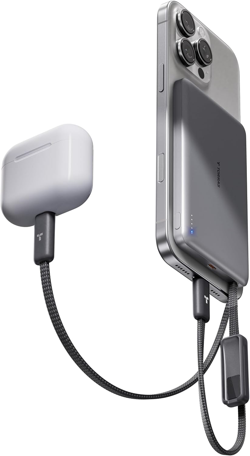 TORRAS AirVolt 0.5" Ultra-Slim 10000mAh Power Bank, 22.5W Fast Charge with Built-in USB-C Cables for iPhone 17/16/15, Samsung Galaxy, Google Pixel