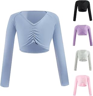 Girls Ballet Warp Top Teen Cotton Long Sleeve Plain Ballet Dance Shrug Crop Top Training Performance Stage Leotard