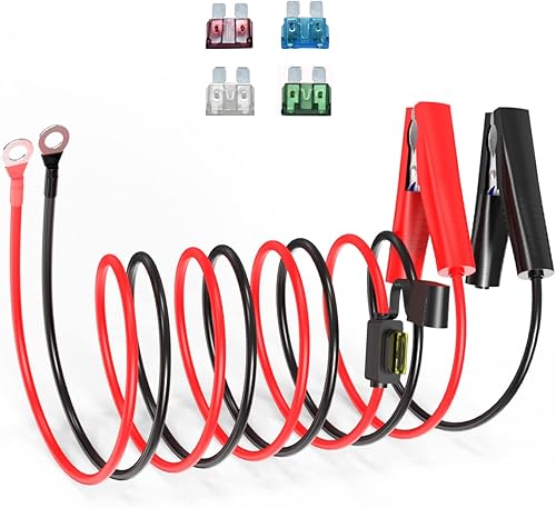 Pinzas de cocodrilo de batería de 10 AWG de 10 pies a arnés de terminal de anillo tórico, cable de desconexión rápida con 5 fusibles para carga de