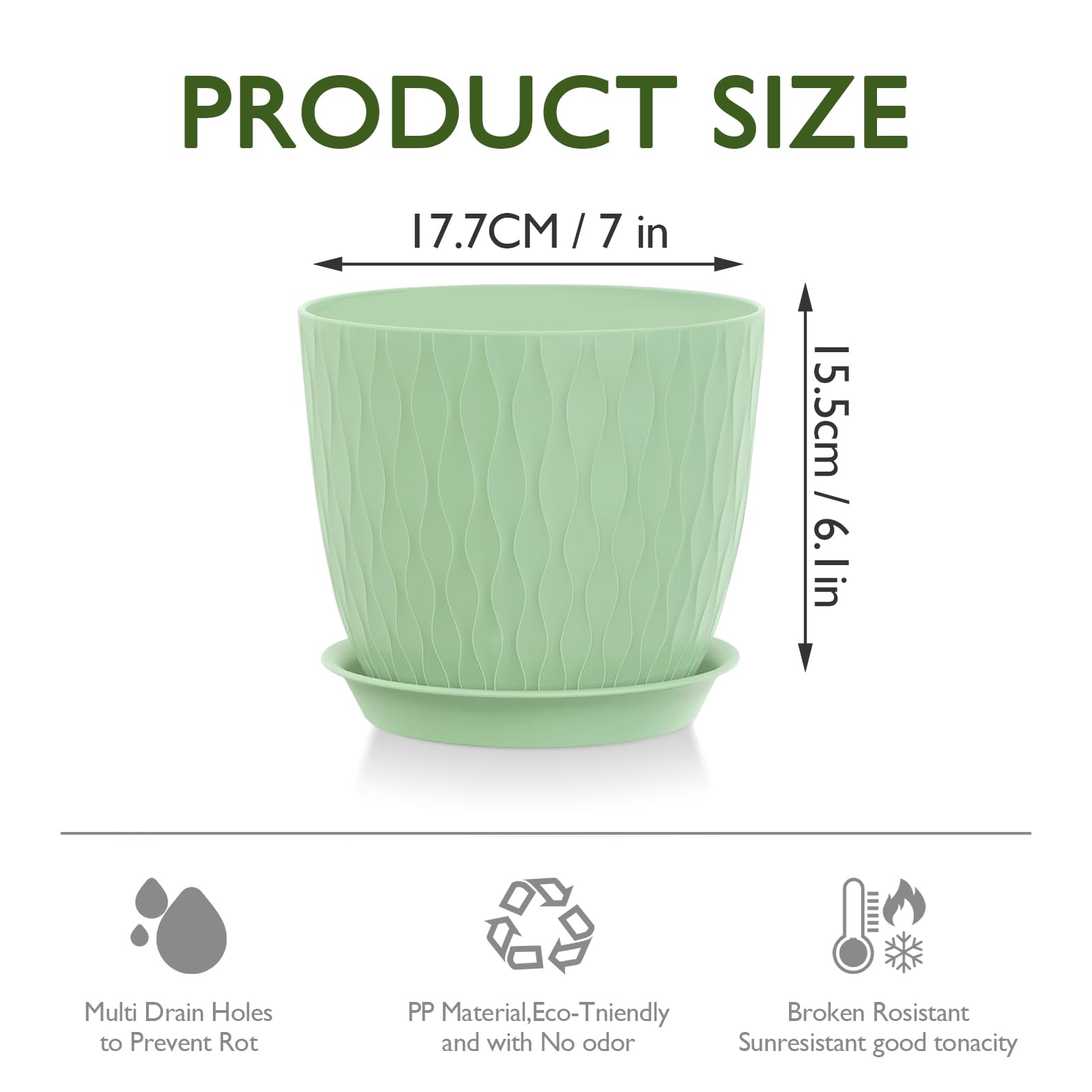 MUAEEOK 18CM 5 Pack Plant Pots Indoor Stripe Grooves Plastic Flower Pots with Drainage Holes and Tray - Image 2