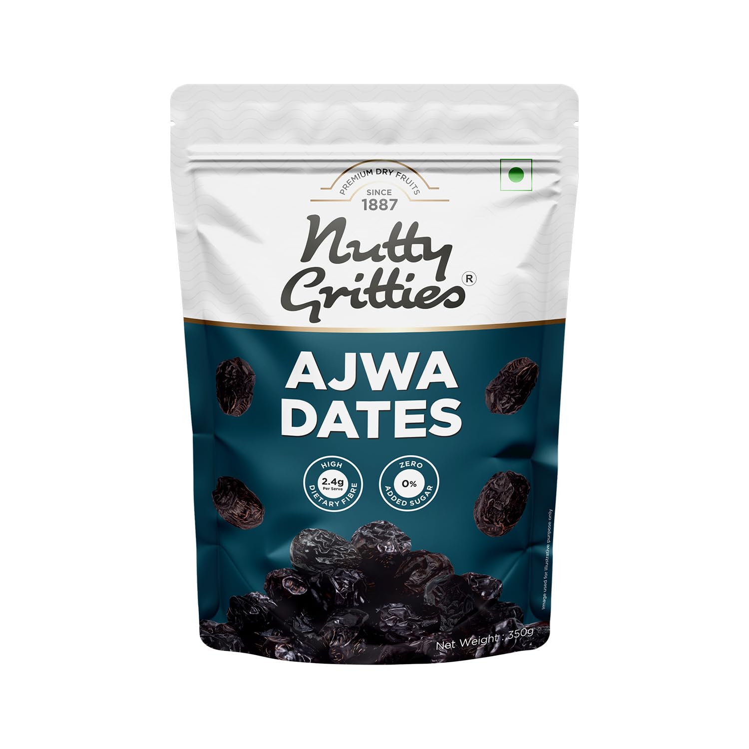Nutty Gritties Premium Ajwa Dates 350g, Khajur | Khajoor | Juicy & Delicious Khajoor, Khajur | No Artificial Colours | Naturally Sweet | Instant Energy | Resealable Pouch,