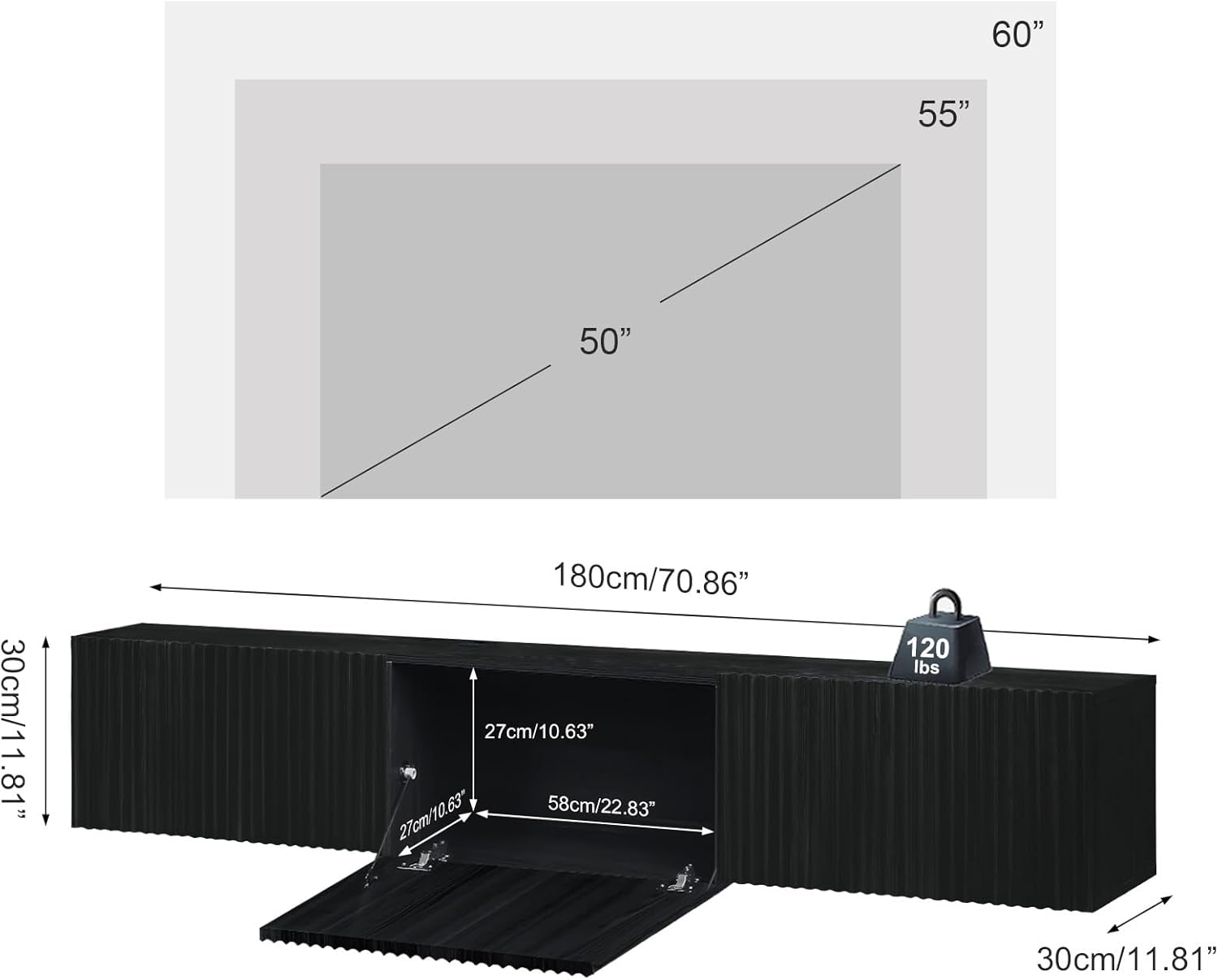 ZYBT Wall Mounted Floating TV Stand,70" Modern Floating Entertainment Center Media Console TV Shelf with 3 Fluted Flip -Down Doors and Cable Management for Living Room, Bedroom Black
