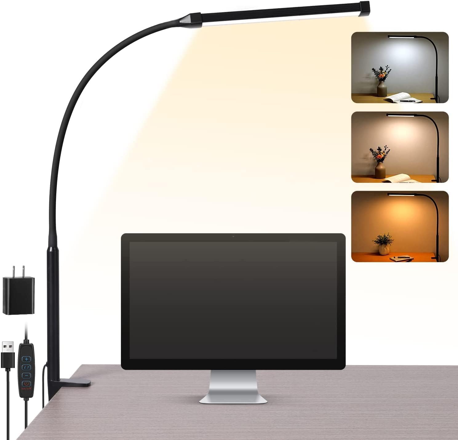 AONELAS Voncerus LED Desk lamp with Clamp,Eye-Caring Clip on Lights for Home Office,3 Modes 10 Brightness,Long Flexible Gooseneck,Metal,Swing Arm Architect Task Table Lamps with USB Adapter,Black