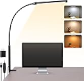 LED Desk Lamp with Clamp, Eye-Caring Clip on Lights for Home Office, 3 Modes 10 Brightness, Long Flexible Gooseneck, Metal, Swing Arm Architect Task Table Lamps with USB Adapter, Black