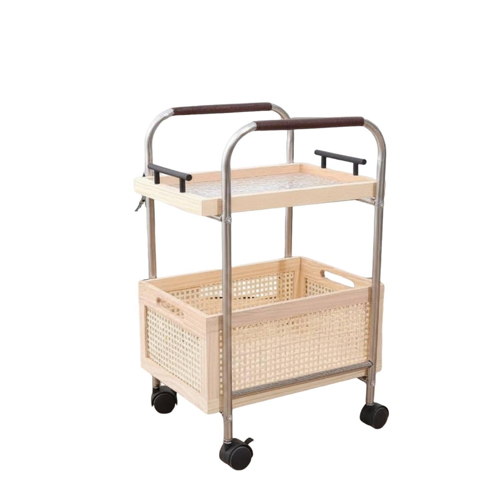 Carrello Portaoggetti Multistrato Carrello Due Ripiani Carrello con Ruote Carrello da Servizio Stile Retrò con Elementi in Rattan E Vassoi in Legno, Natural, Wave Tray