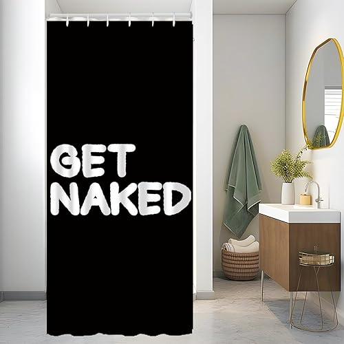 Miniatura 7 de Hongma Cortina de ducha negra con texto en inglés "Get Naked", de poliéster de tamaño medio, con ganchos, impermeable, simple, divertida, letras