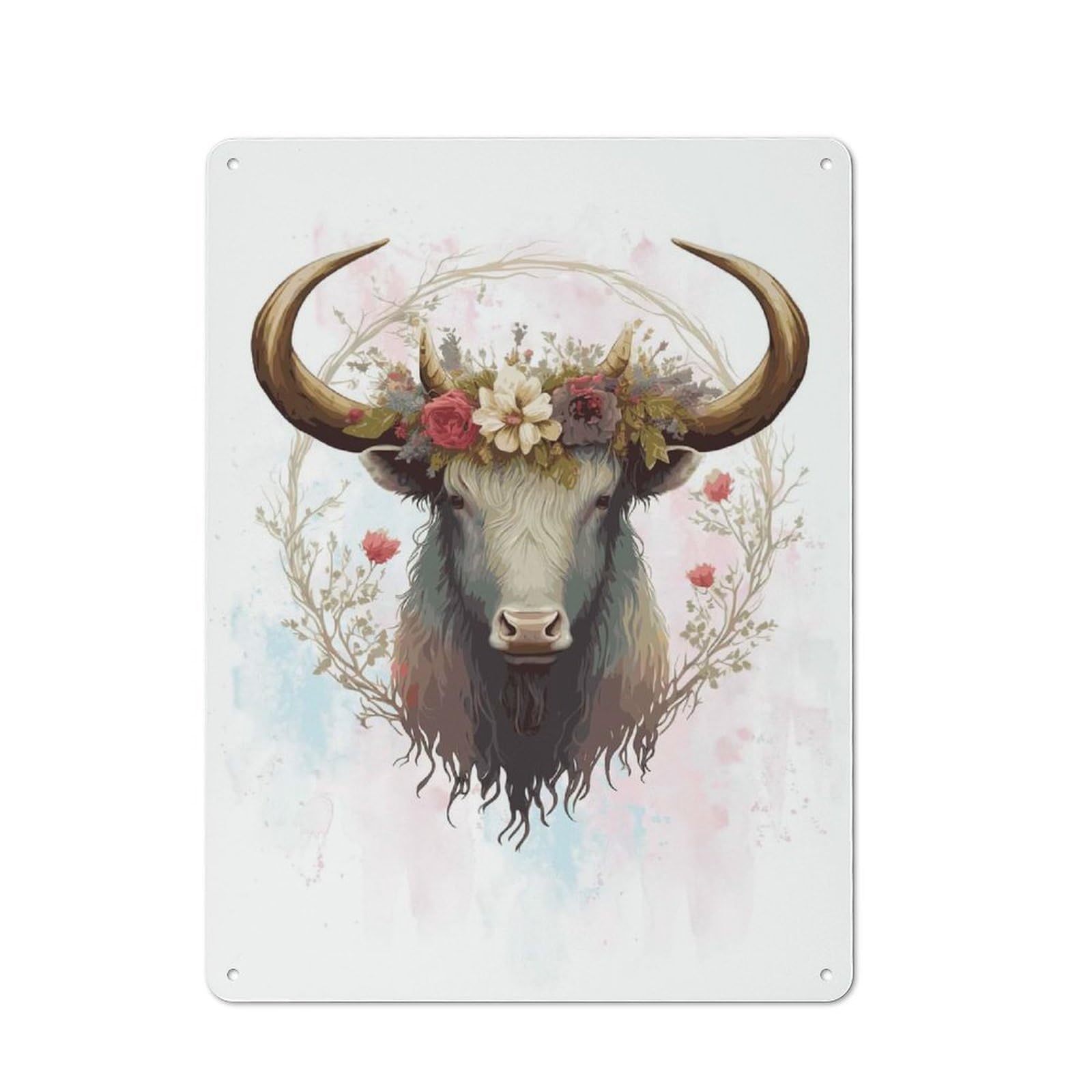 Floral Watercolor Yak Loft Style Metal Wall Decor 40x30cm, Decorative Metal Plaque for Loft, Studio, Office Or Creative Room