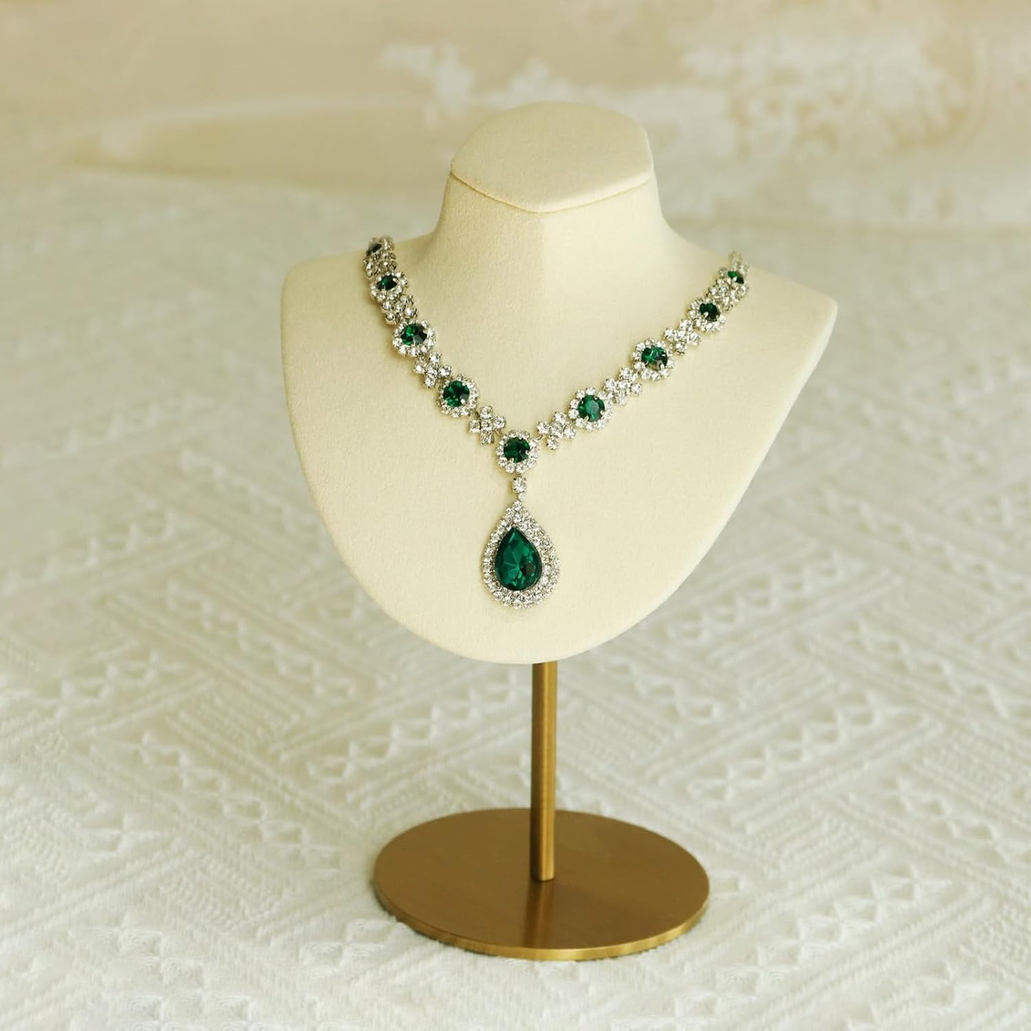 Beige White Microfiber Leather Necklace Display With Stainless Steel Stand – Jewelry Bust For Retail, Vendor Booth, Or Home – 7.08in / 18cm With Anti-Slip Clips