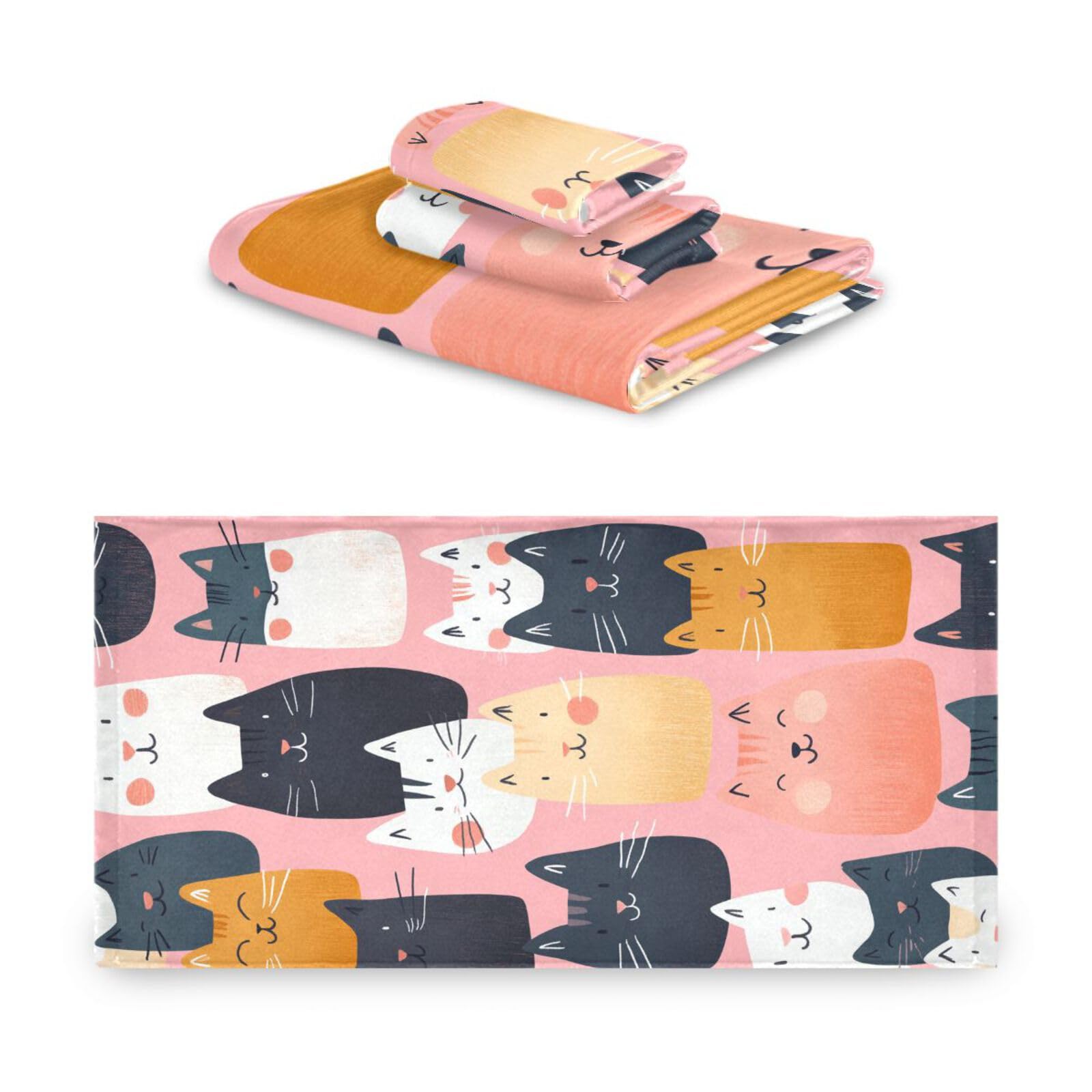 Set di 3 asciugamani da viso con illustrazione di gatto in stile cartone animato, 3 pezzi, 1 asciugamano da bagno, 1 asciugamano per le mani, 1 panno per il viso del corpo