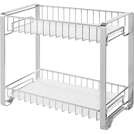SONGMICS Gewürzregal mit 2 Ebenen, Küchenregal aus Metall, mit Kunststoffplatten, rutschfeste Füße, leicht zu montieren, für Arbeitsplatte, Speisekammer, Bad, Küche, silbern KCS013E01