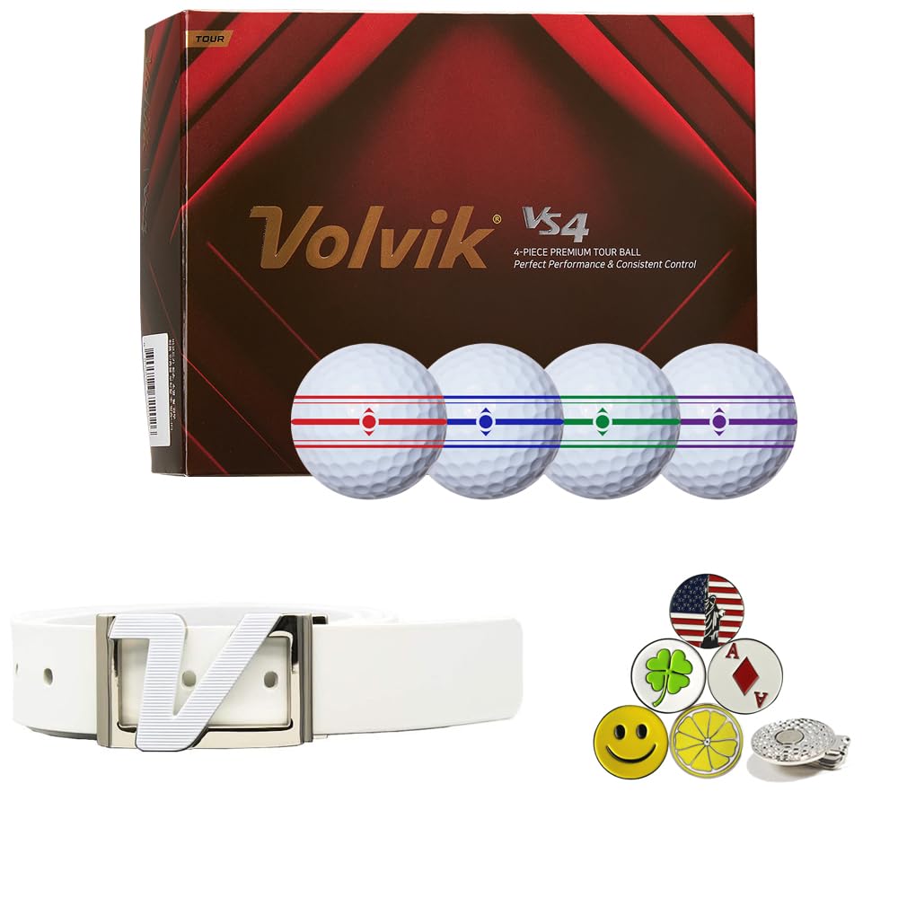 Volvik Tour VS4 Premium Golfbälle Bundle mit echtem italienischen Echtledergürtel, Unisex, 5 Ballmarker und 1 magnetischer Hutclip