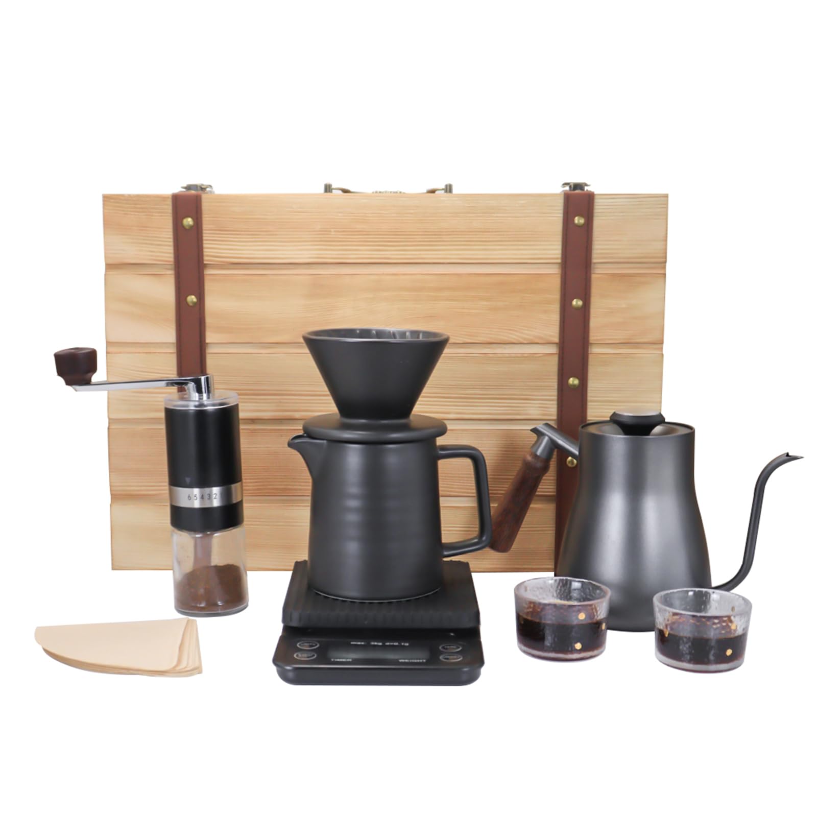 SOTECH Pour Over Coffee Ceramic Dripper Set,All In 1 Wooden Suitcase Coffee Maker Set, 850ml Kettle Scale, Coffee Dripper, Bean Grinder, All In 1, Traveling Camping Hiking(Manual Coffee Kit 2CUP)