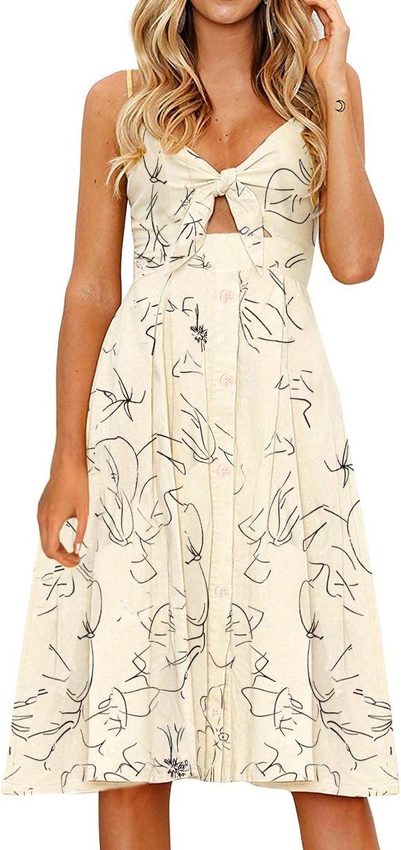 FANCYINNWomens Tie Front Button Down A-Line Dresses Summer Spaghetti Strap Midi Dress Floral Prints