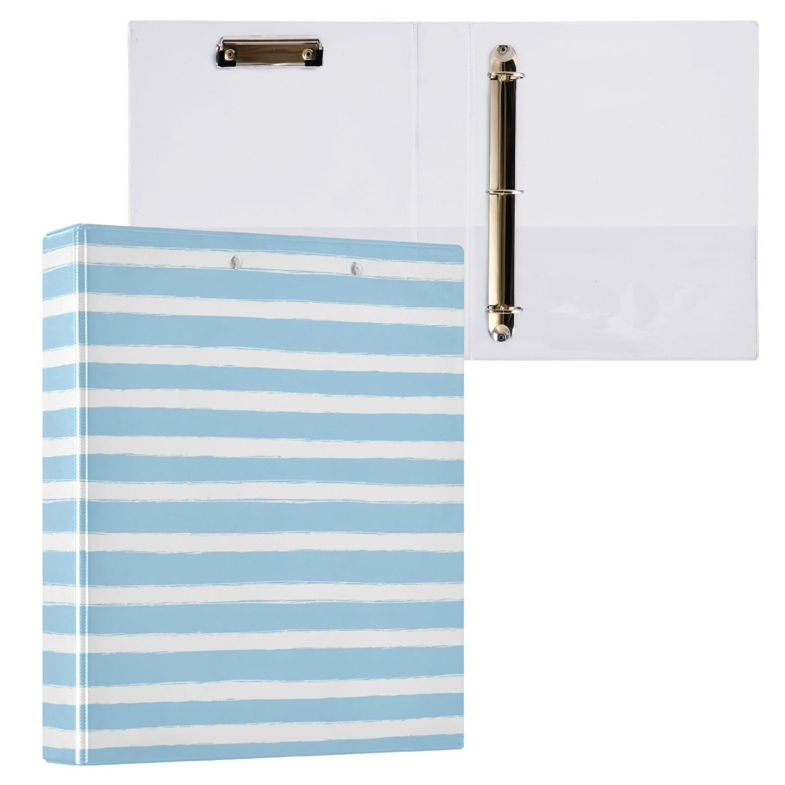 Raccoglitori a 3 anelli con portablocco e 2 tasche, motivo a righe azzurre e bianche, 3,8 cm, grandi, resistenti, decorativi, con copertina rigida, contiene 200 fogli