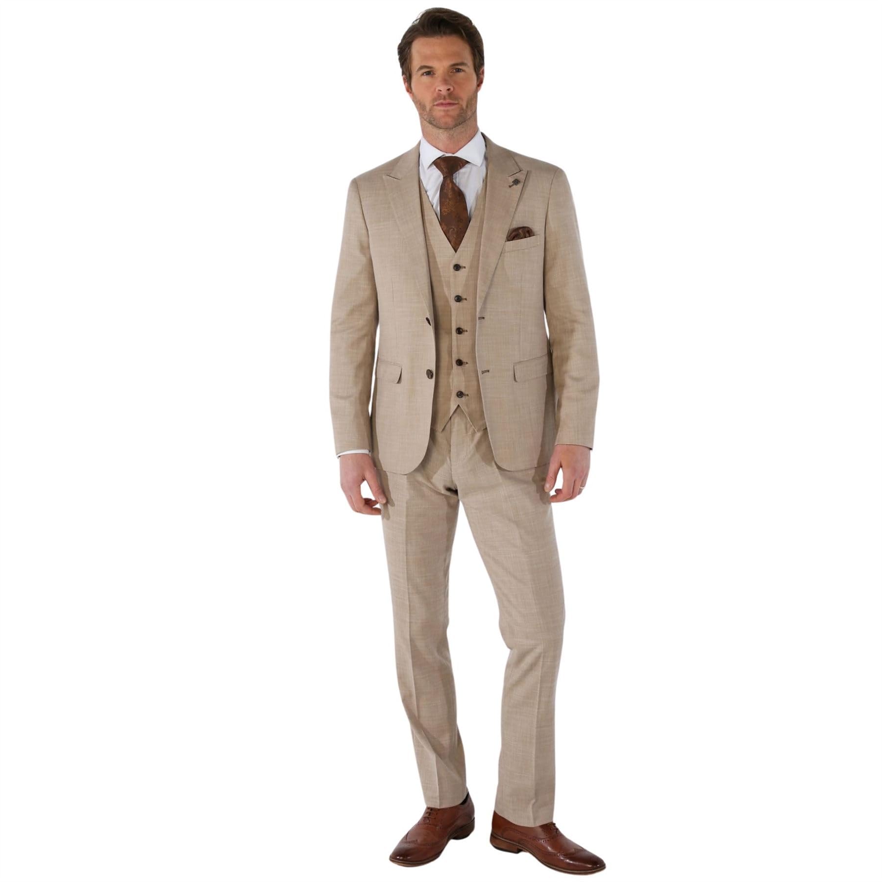 Truclothing Men's Beige Suit 3 Piece Tailored Fit Summer Wedding - 36
