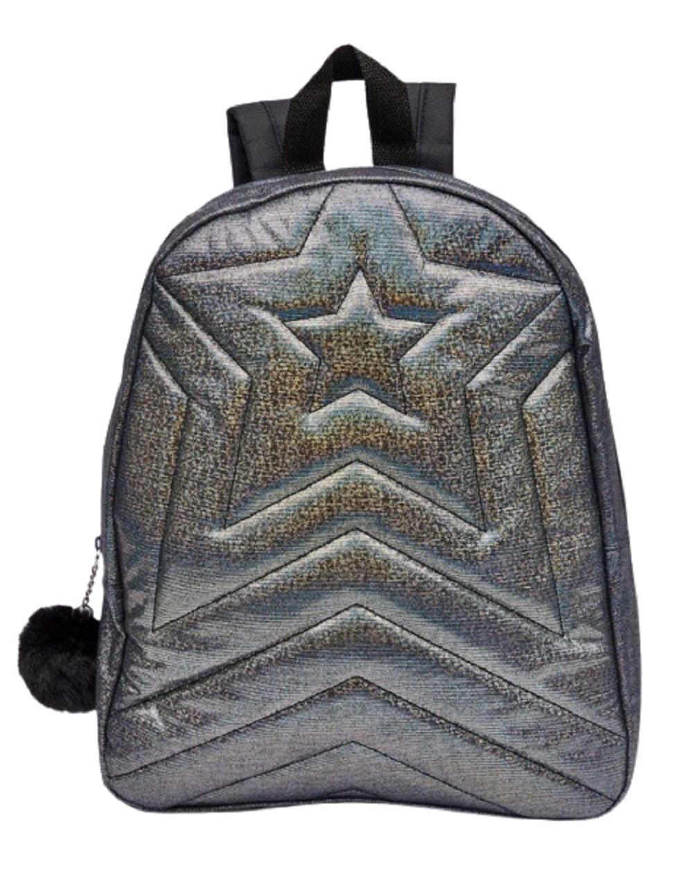 Children's Girls Roxy Style Holographic Black Grey Backpack Rucksack School Travel Bag, Star embossed with Pom Pom, Multicoloured, One Size