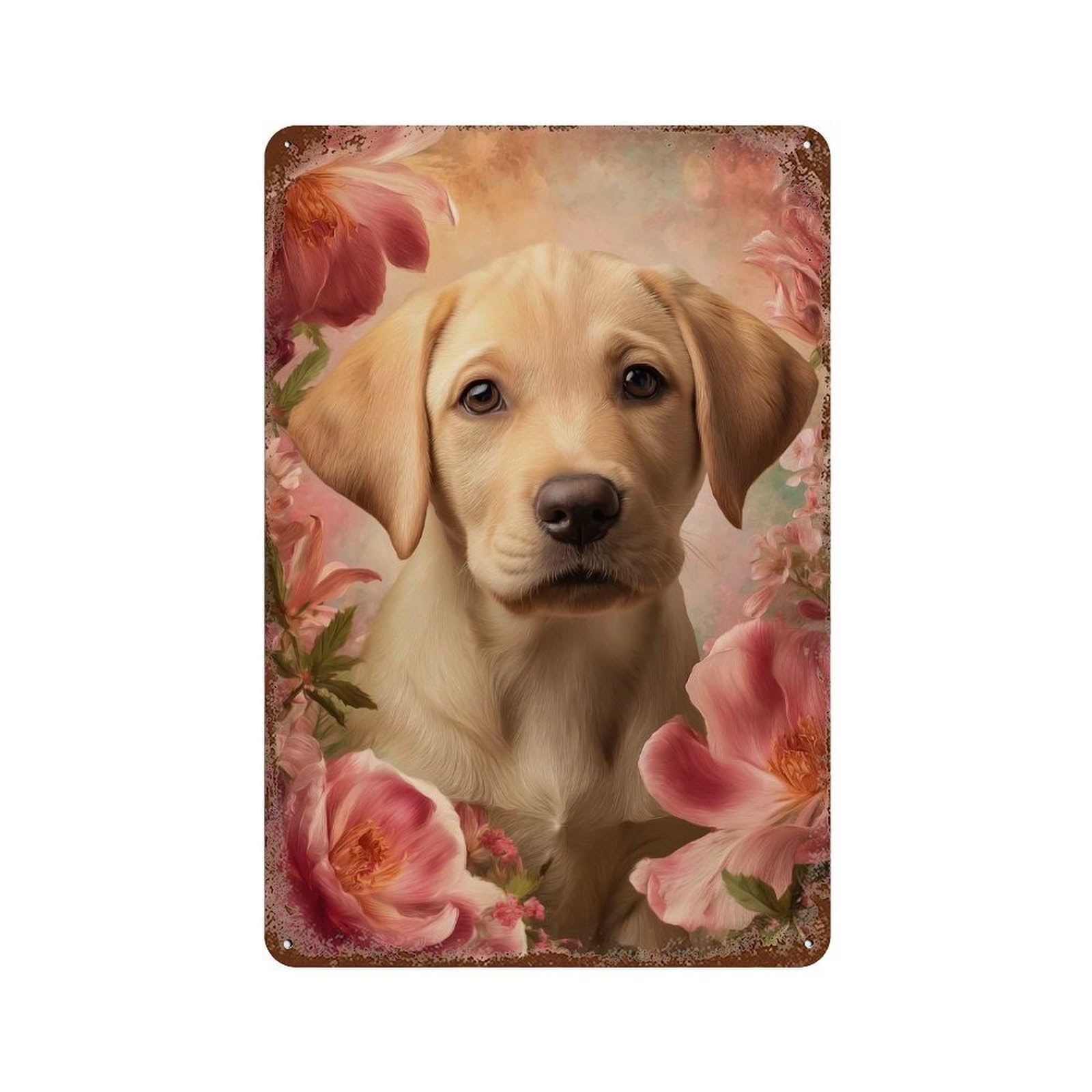 Vintage Rust Metal Sign with Labrador Puppy with Pink Flowers Design 11.8"x7.9", for Farmhouse, Kitchen And Entryway Decor, Novelty Wall Decor