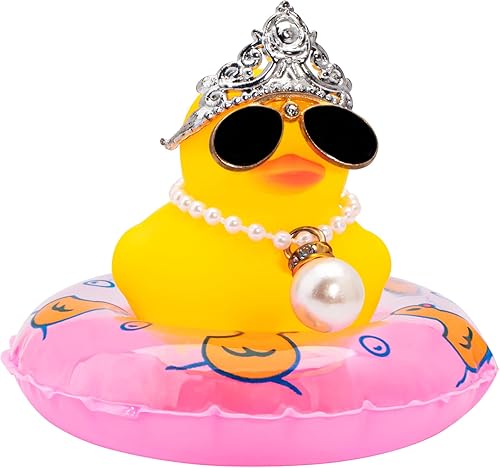 Miniatura 8 de wonuu Adorno de pato para decoración de tablero de automóvil, accesorios de goma con collar de perlas, corona, mini anillo de natación y lentes de