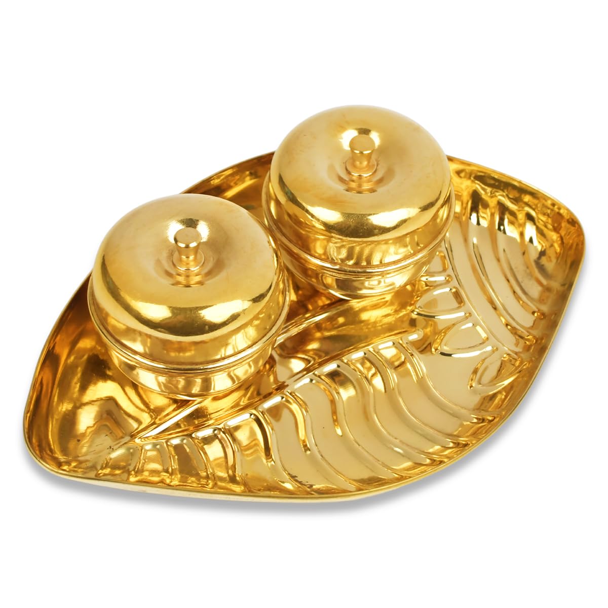 RUDRA CENTRE Brass Shankh Plate with Haldi Kumkum Containers (Dibbi), Gold - Image 4