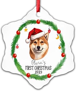 Dinoz Baby First Christmas Shiba Inu Dog Lovers, Baby Santa Claus Décor Tree Decor Hanging Keepsake Gifts Snowflake Ornament Ceramic Personalized Name
