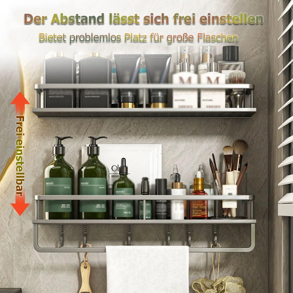 Estante de Ducha sin Taladro, Organizador de baño con Ganchos y toallero, Estante de Pared para Ducha con Drenaje para Ducha, Cocina y baño de Invitados,1etage,60cm