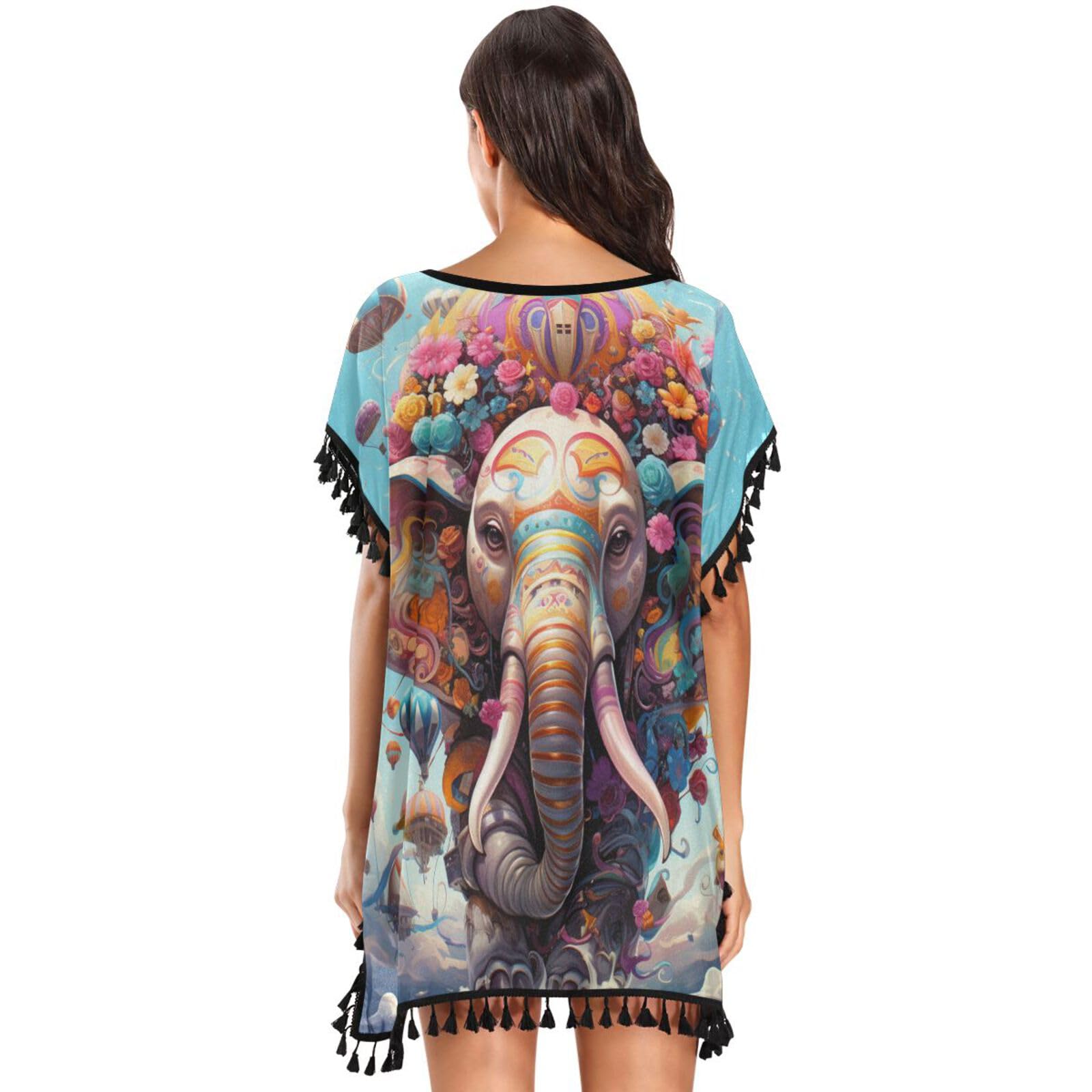 Elephant Colorful Art Women's Beach Cover Up Chiffon Tassel Swimwear Swimsuit Coverups for Girl