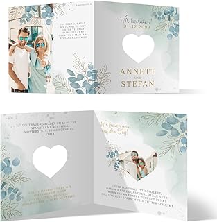 Personalisierte Hochzeit Foto Einladungskarten - Eukalyptus - Klappkarte mit Herz Ausschnitt, dickes 300g/qm Papier, hochwertiger Druck, 148x148mm, passende Umschläge optional, ab 10-100 Stück