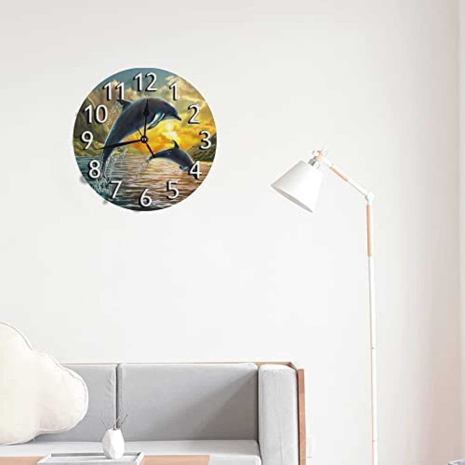 Wandklok strand dolfijn blauwe wandklok, 10 inch stille niet tikkende kwarts batterij-aangedreven ronde wandklokken voor thuis / keuken / kantoor / schoolklok