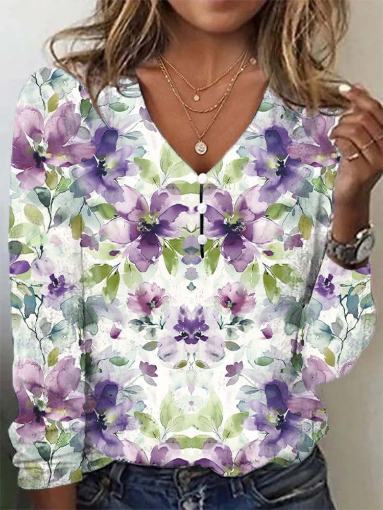 Womens Boho Floral Print Tops Dressy Slim Fit Vintage Womens Summer Tops V Neck Button Down Shirts for Women