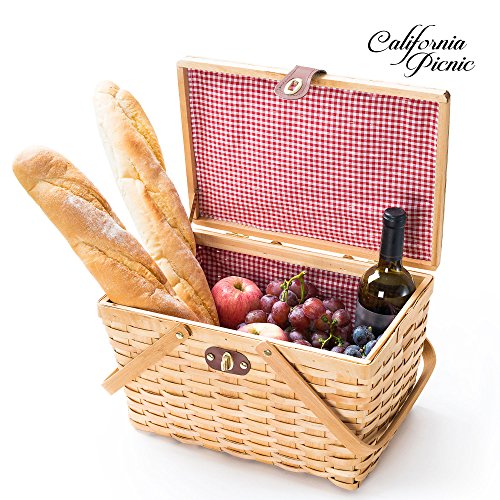 Picnic Basket Wood Chip Design Red and White Gingham Pattern Lining