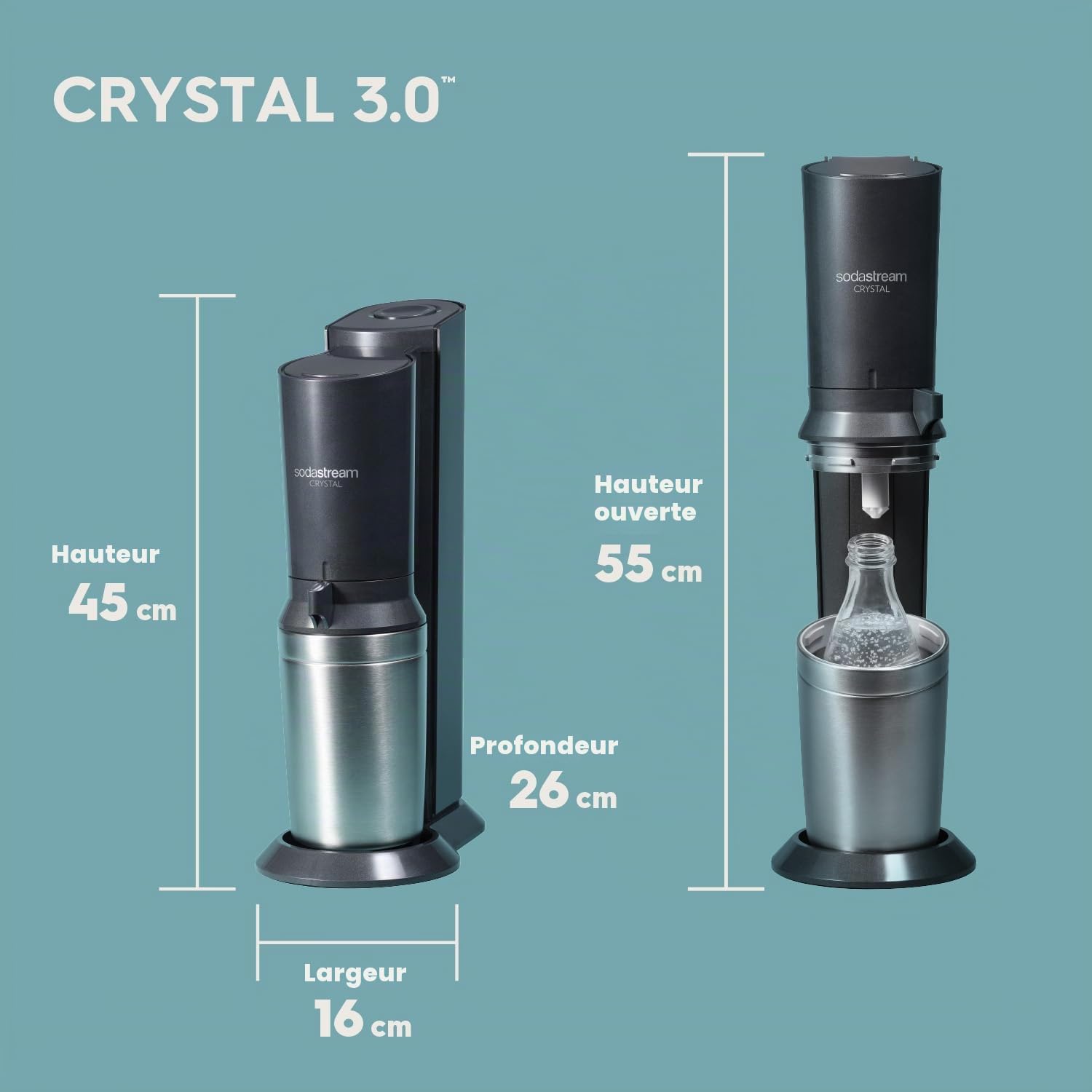 Sodastream Crystal – Machine à eau pétillante avec système CO₂ Quick Connect, cylindre de gaz 60L et 2 carafes en verre 0,7L inclus, noire