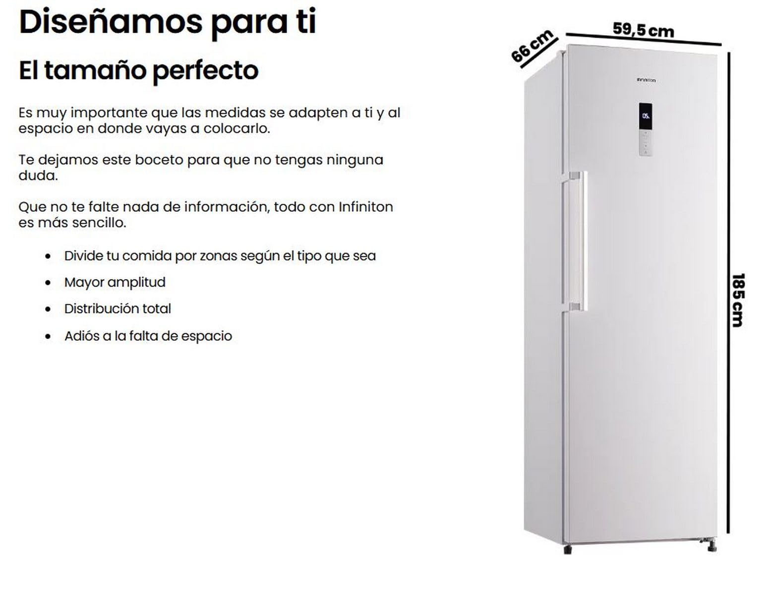 INFINITON Frigorifico Una Puerta CL-A185B, 375 Litros, 185 cm de Altura, No Frost, Fast Cooling, Iluminación LED, E, Blanco