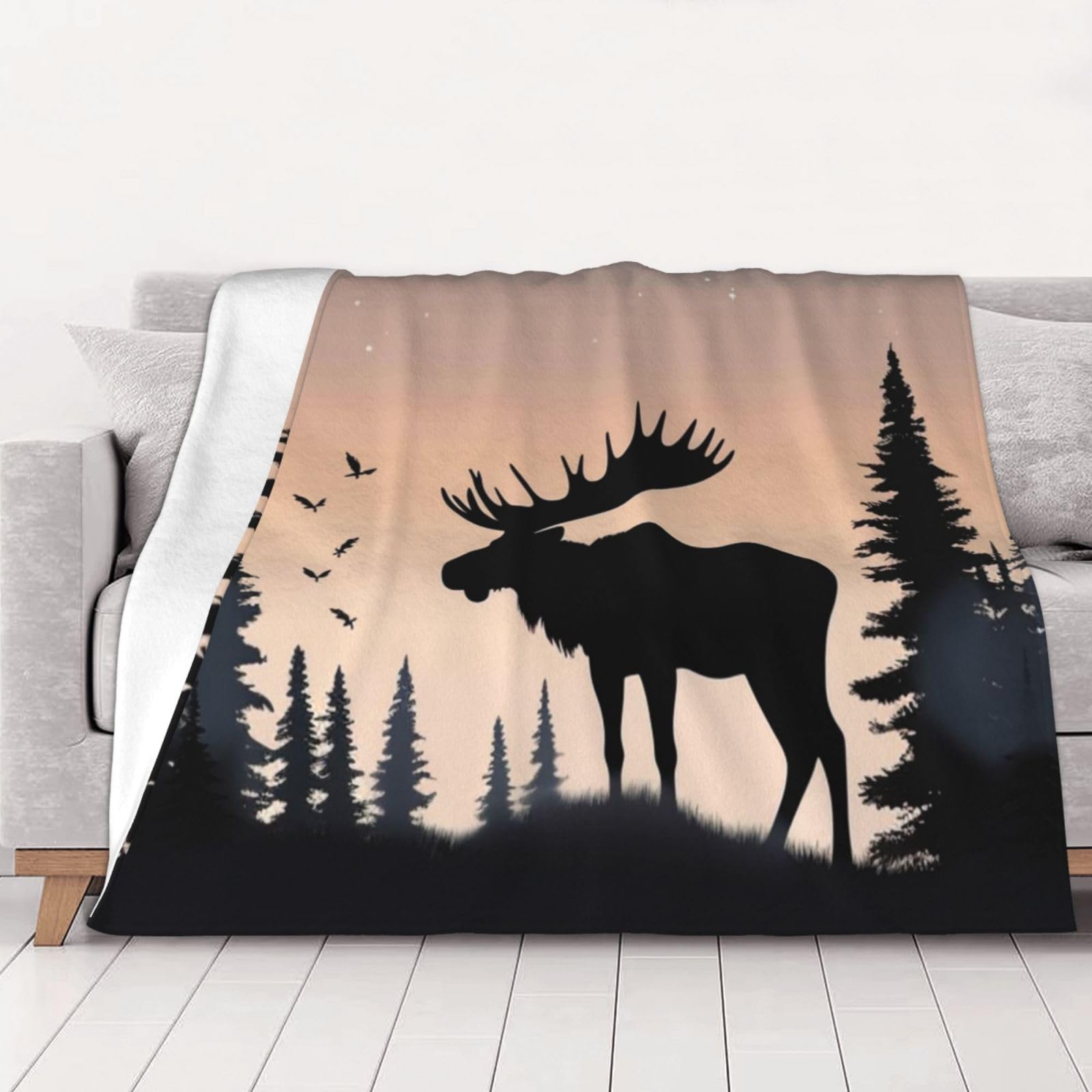Couverture polaire douce 150x130cm motif élan et forêt de montagne pour canapé
