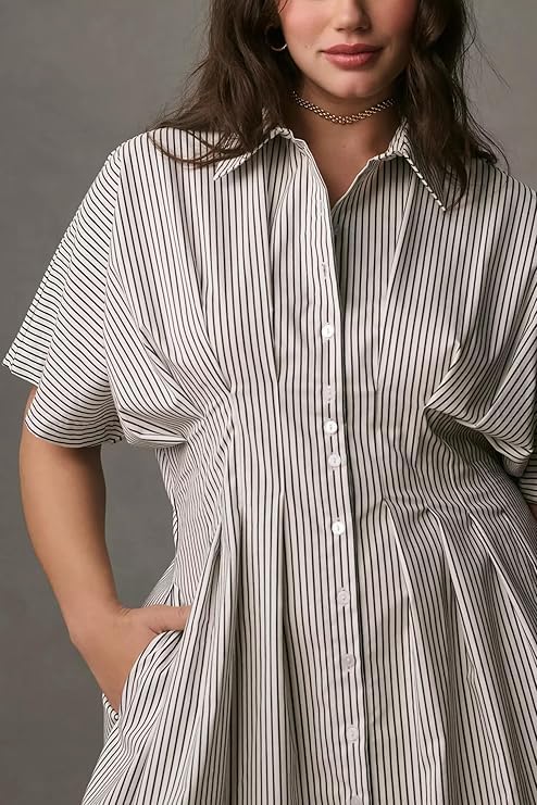 Image of Chvity Women Stripe Tunic Maxi Shirt Dress Fashion Slim Fit Button Pleated Dresses Casual Short Sleeve Long Dress