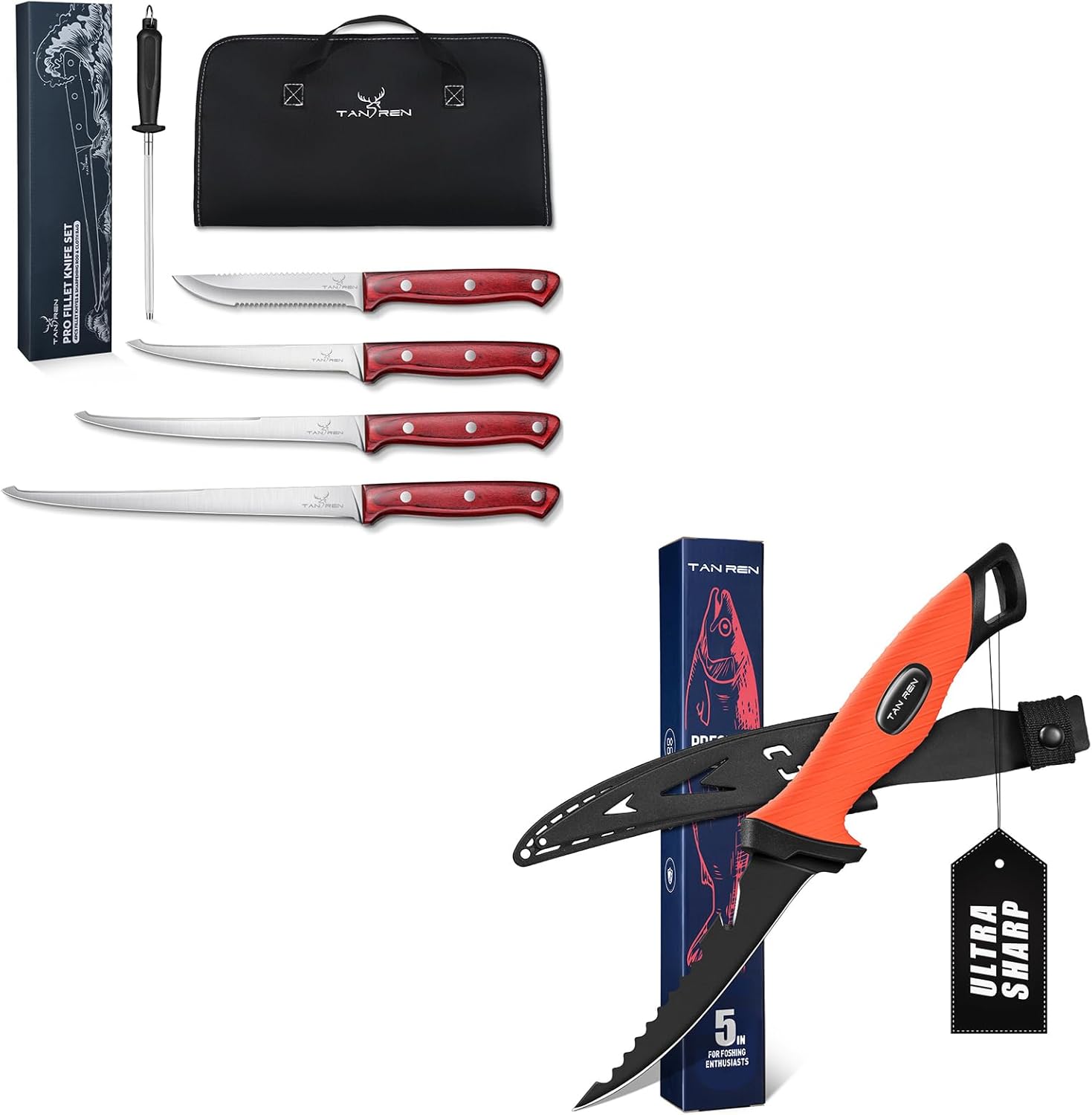 TAN REN 6PCS Fillet Knife Set and 5 Inch Bait Knife for Fishing and Cleaning with Sheath