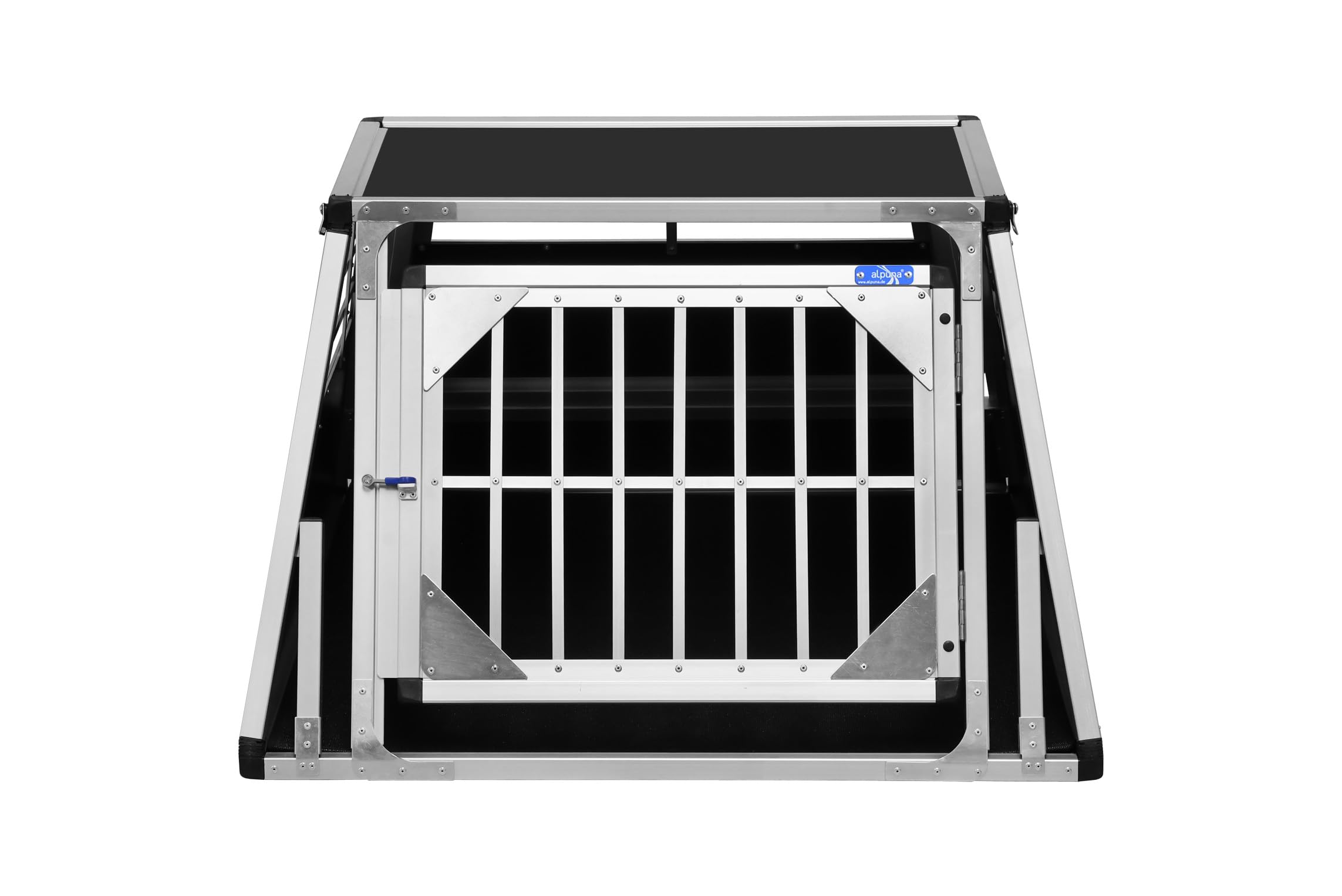 ALPUNA Transportbox N82 – Aluminium Hundebox 95×93×58 cm, Auto Hundebox mit Notausstieg, sicherer Hundetransport im Kofferraum mit Stoßstangenschutz