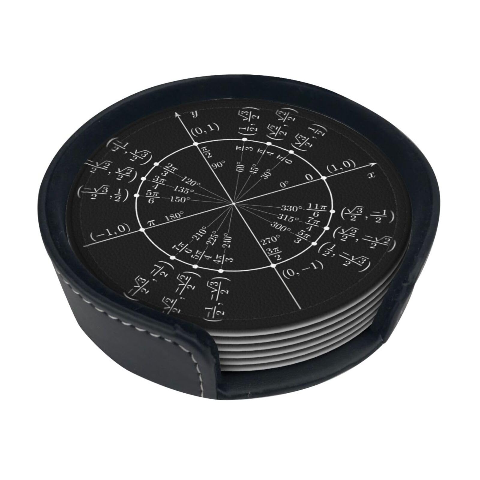PU Leather Coasters Set of 6 with Holder, Unit Circle Trigonometry Sine Functions Math Coasters for Drinks, Bar, Coffee, Table, Cups, 4 Inches