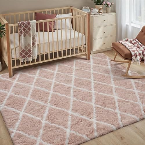 PureCozy 4x6 Checkered Rug for Living Room Pink and White Modern Soft Area Rug Fluffy Non-Slip Carpet for Bedroom Playroom Home Aesthetic Decor 4' x 6' (Rectangular) Checkered Pink