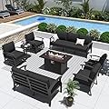 ALAULM Aluminum Patio Furniture Set with Propane Fire Pit Table - 9-seat Metal Outdoor Furniture w/Fire Pit Patio Sectional w/5.1" Cushions for Backyard, Poolside - Black