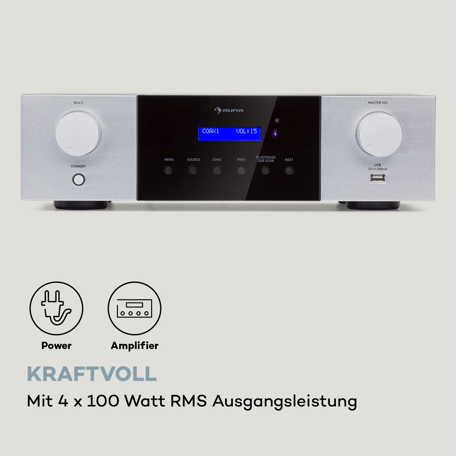 Auna AMP-4000 DAB HiFi-Stereo-Verstärker, DAB+-Radio, Stereo Verstärker, USB Fernbedienung, Amplifier mit LED-Display, HiFi schwarz-weiß