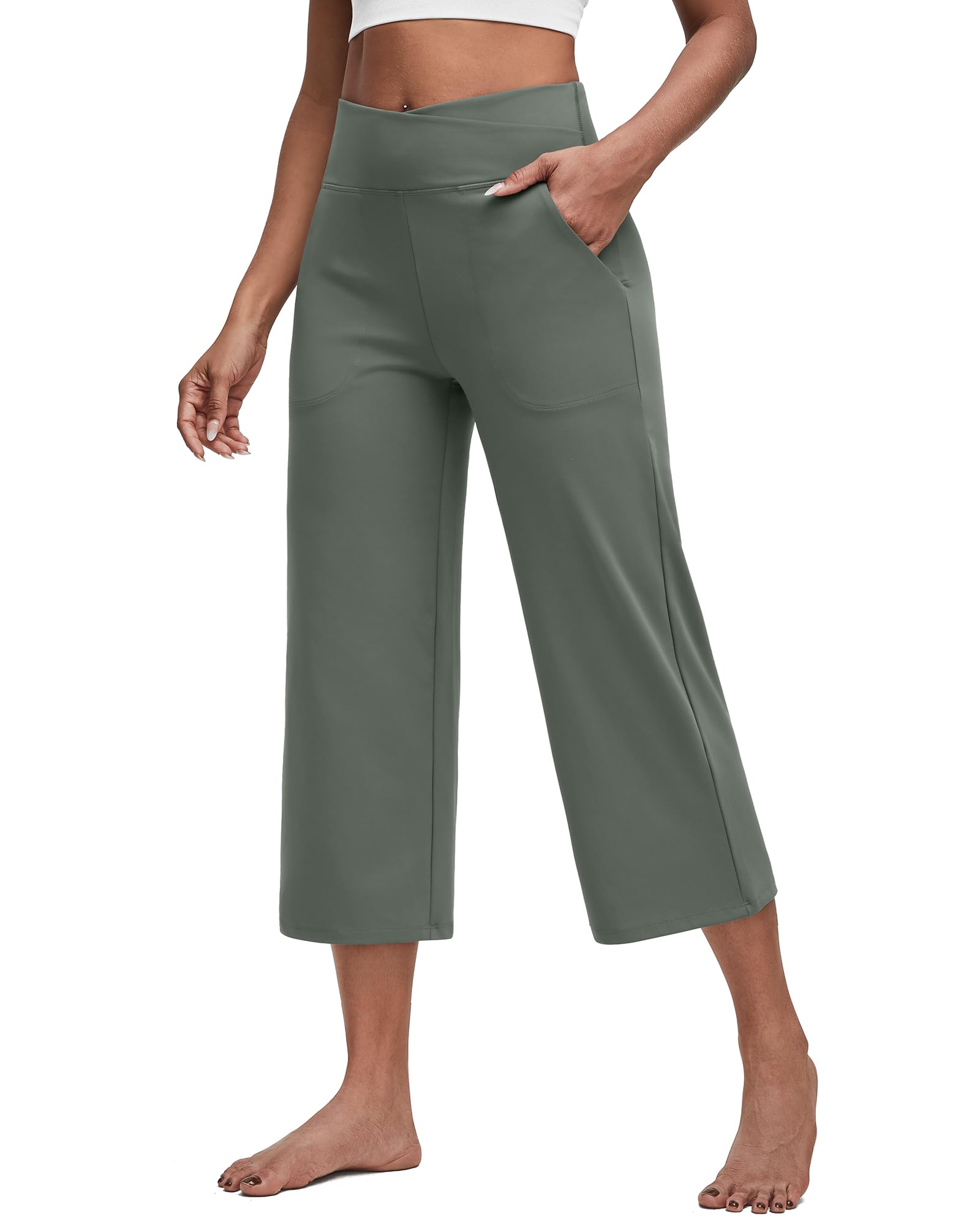 G4Free Capri Pants for Women Wide Leg Yoga Dress Capris with Pockets Cross Loose Casual Work Crop Pants