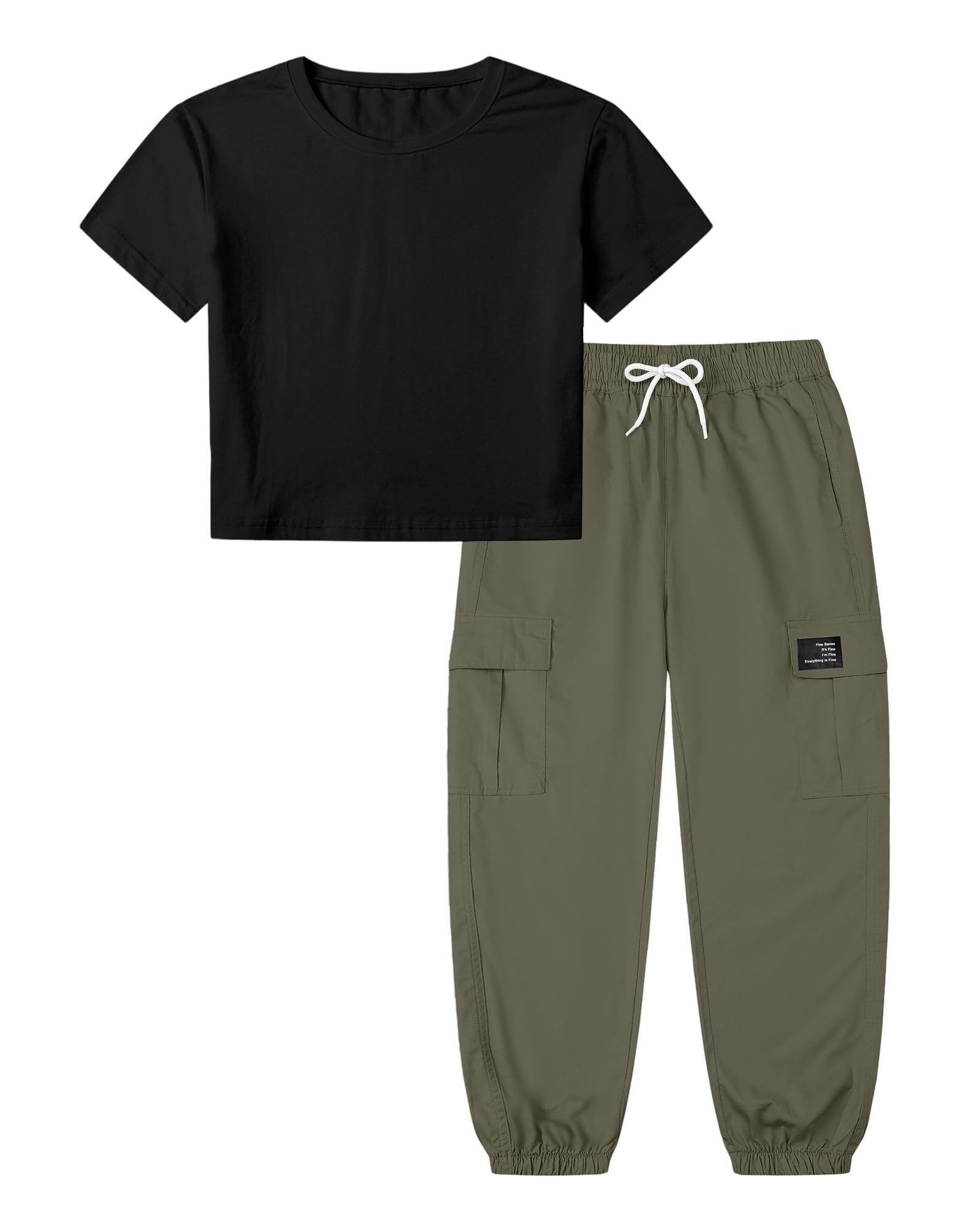 Betusline Girls Fall Winter Clothing Sets, Long Sleeve Crop Top &amp; Cargo Jogger Pants 2 Piece Outfit Sets,4T-14Y