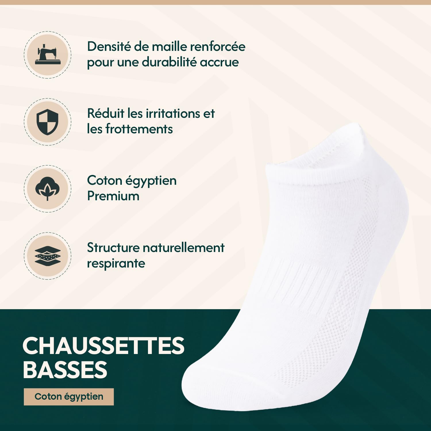 Socquettes de luxe en coton égyptien, Lot de 6, Marque française, Chaussettes Basses antidérapantes, Anti transpiration, renforcées, douces, fines, Homme Femme, Blanches Noires, 35-38, 39-42, 43-46