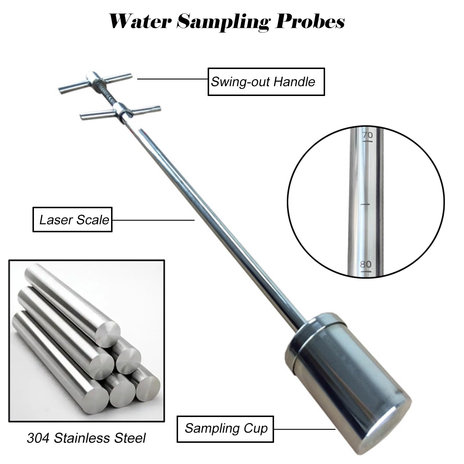 MZZKFC 0.1 0.2 0.5 0.8 1 L Metal Water Sampler Cups, 304 Stainless Steel Liquid Dipper with Laser Scale, Water Sample Rod for Laboratory/Factory & Reservoir(0.5 L,19.7 in/1.6 ft Long)