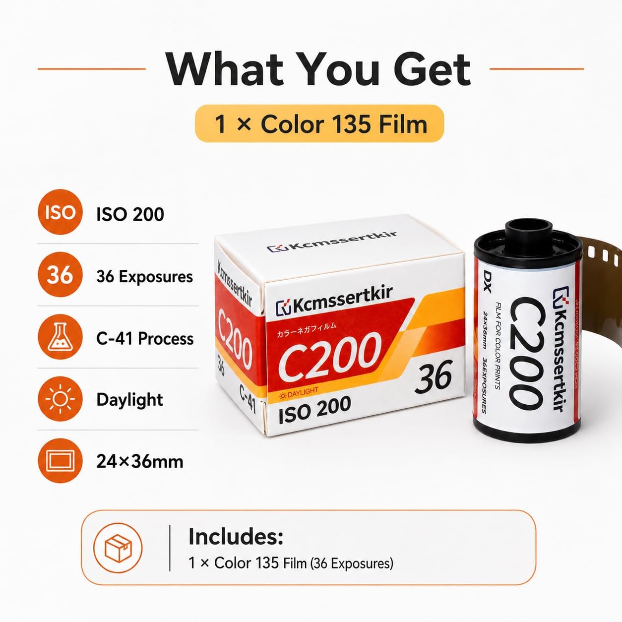 C200 Color Negative Film, ISO 200, 35mm 135 Format, 36 Exposures, Daylight Balanced, C-41 Process, for Analog Film Cameras