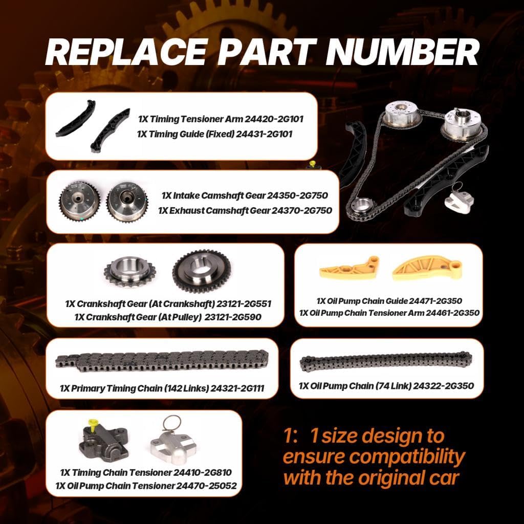 Engine Timing Chain Kit W/Sprocket & Tensioner & Guide Compatible with Kia Optima 2014-2017, Sorento 2012-2015, Sportage 2011-2016 - DOHC L4 2.0L 2.4L- Replace# 24350-2G750,24370-2G750,G4KH/G4KJ