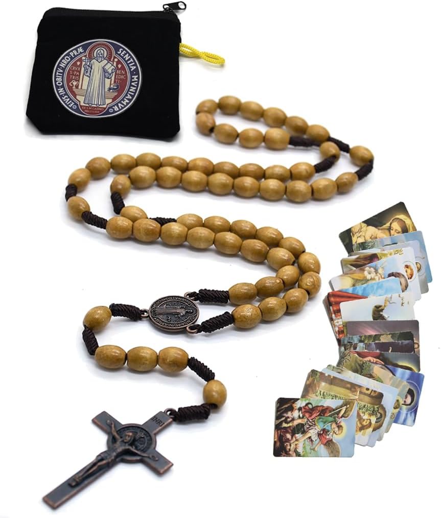 SZQCZB Wooden Rosary Beads Catholic for Men, Saint Benedict Medal and Cross - Comes in Gift Pouch and 18pcs Prayer Cards