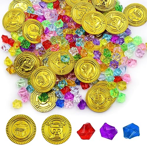 Materiale Premium: Gemme dei pirati sono realizzate in acrilico di alta qualità con colori brillanti e alta trasparenza; pirata monete sono realizzate in plastica ecologica ad alta lucentezza; può essere utilizzato per molto tempo.