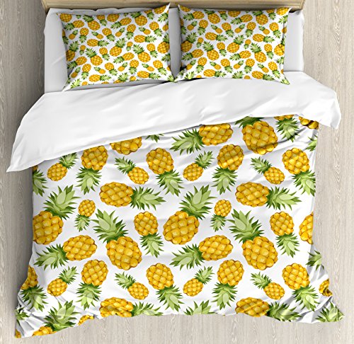 Ambesonne-Yellow-and-White-Duvet-Cover-Set-Pineapples-Tropical-Climate-Fruits-Ripe-Juicy-Food-Decorative-3-Piece-Bedding-Set-with-2-Pillow-Shams-King-Size-Yellow-Green 61RJB18L5WL