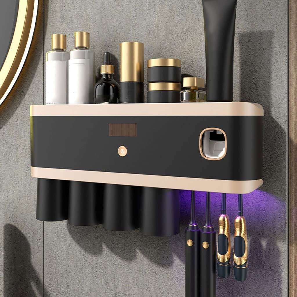 Estante para Cepillos de Dientes Porta dello spazzolino a Muro di spazzolino Intelligente con Bombetta con Un Kit di spremitura Automatico del distributore di dentifricio(B)